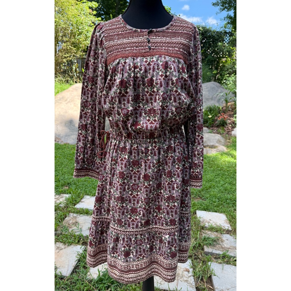 Thursday Island Floral Smocked Boho Midi Dress Burgundy Multi Long Sleeve - Picture 2 of 11